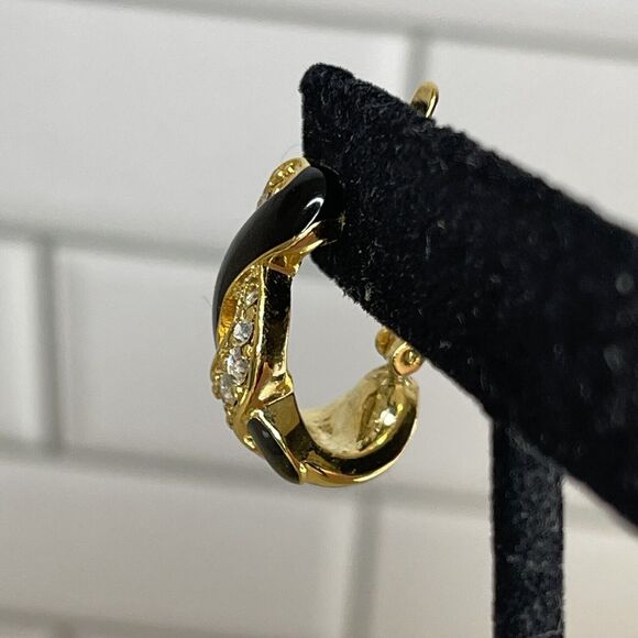 Vintage Trifari Black Enamel Rhinestone Braid Clip On Earrings - Picture 4 of 6